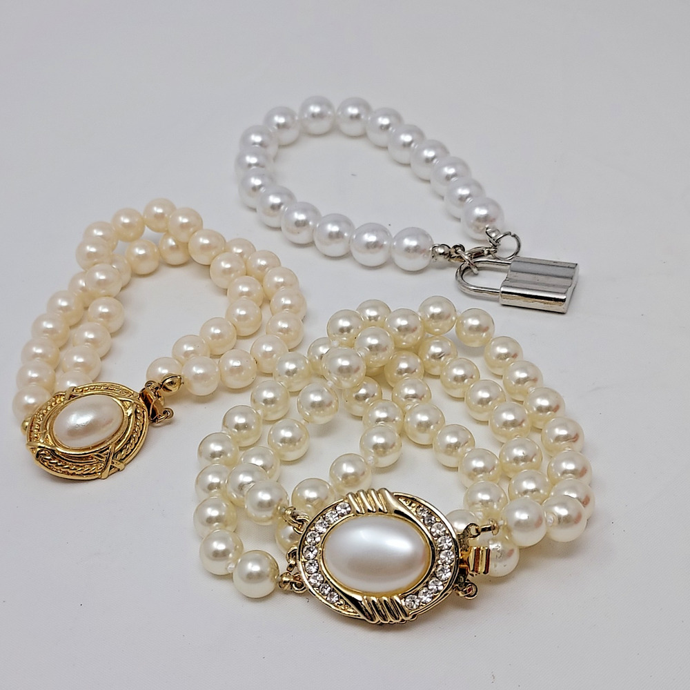 3 Faux Pearl Bracelets 3/2/1 Strand Styles Decorative Gold or Silver Tone Clasps